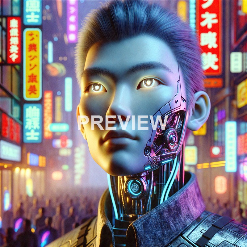 A humanoid robot with a human-like face and glowing eyes, set against a vibrant neon-lit cityscape with numerous signs in Asian characters.
